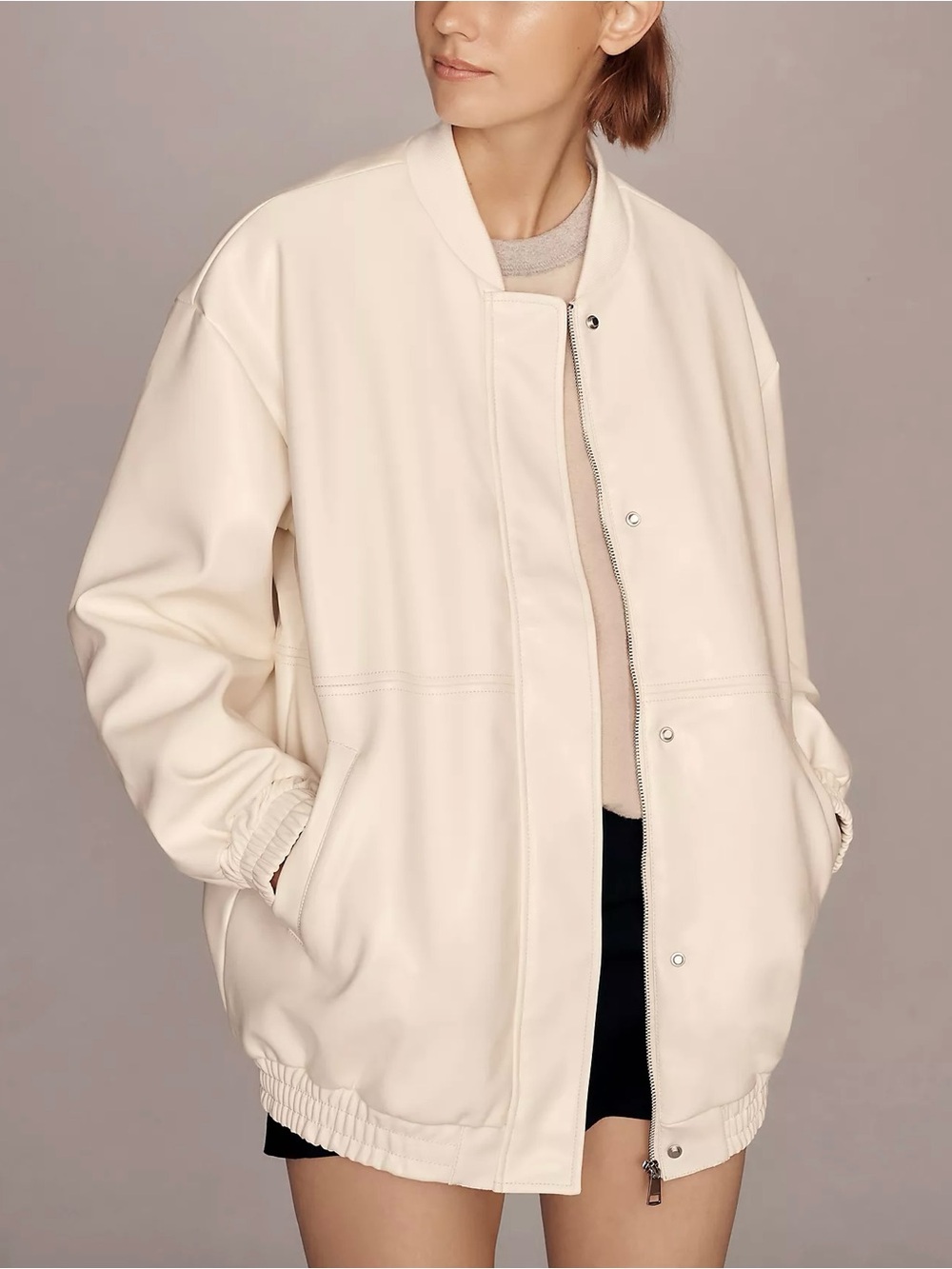 Anthropologie Maeve Ivory Faux Leather Bomber Jacket XL Oversized Chic